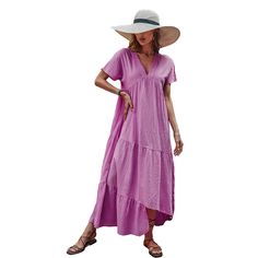 Chic Asymmetric Hem Long Dresses for Women Summer Dress New Elegant V-neck Loose Solid V-neck Cotton A-line Dress Solid Color V-neck Maxi Dress For Beach, Solid Color V-neck Maxi Dress For Vacation, Spring V-neck Maxi Dress In Solid Color, Chic Solid Color V-neck Beach Dress, Solid Color V-neck Beach Dress For Summer, Solid Color V-neck Dress With Short Sleeves For Vacation, Solid V-neck Dress For Summer Beach, Bohemian V-neck Solid Color Dress, Spring Vacation V-neck Dress In Solid Color