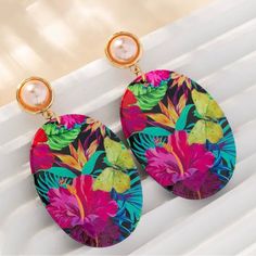 Boho Floral Acrylic Earrings With Bold Colors And A Black Background Elegant Multicolor Earrings For Beach, Pink Drop Earrings For Vacation, Acrylic Earrings, Earrings Color, Boho Floral, Black Background, Bold Colors, Black Backgrounds, A Black