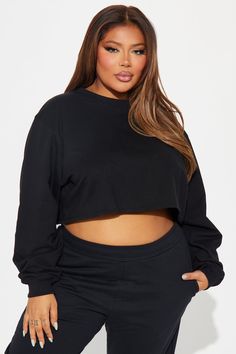 Available In Black And Green. Sweatshirt Crewneck Long Sleeve Cropped Pair With "Flight Time Lounge Flare Pants" 80% Cotton 20% Polyester Imported | Flight Time Lounge Sweatshirt Crewneck in Black size 2X by Fashion Nova Black Crew Neck Crop Top For Loungewear, Black Long Sleeve Crop Top For Loungewear, High Waisted Wide Leg Pants, Sweatshirt Crewneck, Adore You, Jogger Set, Fleece Joggers, Drawstring Pants, Drawstring Waistband