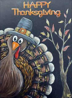 a happy thanksgiving card with a turkey wearing a pilgrim hat