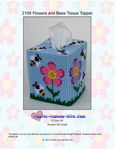 a tissue box with flowers and bees on it is featured in this cross stitch pattern