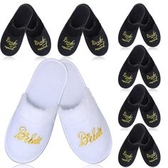 six pairs of slippers with the word bride written on them in gold and black