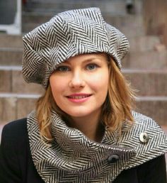 Womans Hat, Hats For Short Hair, Pola Topi, Tweed Scarf, Women Sewing, Tweed Hat, Sewing Hats, Button Scarf, Hat And Scarf Set