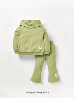 Verde  Collar   Liso  Embellished Elástico Ligero Flare Leg Pants Outfit, Leg Pants Outfit, Dropped Shoulder Sweatshirt, Flare Leg Pants, Neutral Outfit, Elegant Dresses Long, Pantalon Large, Kids Sleepwear, Boho Women