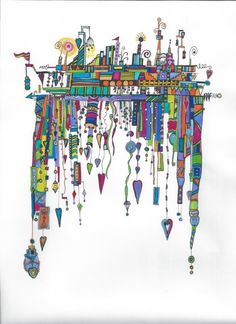 a drawing of a city with lots of colorful objects hanging from it's ceiling