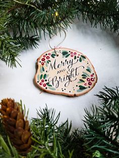 a christmas ornament hanging from a pine tree