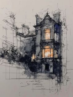 an ink drawing of a house at night