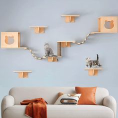 a cat sitting on top of a white couch next to a wall with wooden shelves