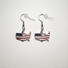 A fun pair of earrings made using American Flag, USA shaped charms. Each pair comes with 2 earring backs. Fun Hypoallergenic Drop Earrings, Fun Nickel Free Drop Earrings, Fun Nickel-free Metal Jewelry, Nickel-free Novelty Drop Earrings, Fun Drop Earrings With Ear Wire, Fun Silver Metal Jewelry, Fun Nickel-free Dangle Earrings, Fun Nickel-free Drop Earrings, Nickel-free Sterling Silver Fun Jewelry