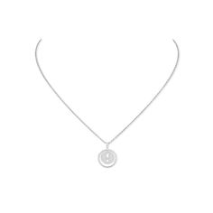 White Gold Pavé Diamond Medallion Pendant Necklace Elegant Engraved White Gold Medallion Necklace, Elegant White Gold Medallion Necklace With Coin Pendant, Elegant White Gold Coin Pendant Medallion Necklace, Elegant White Gold Coin Pendant Jewelry, Elegant Diamond Medallion Necklace, Diamond Coin Pendant Necklace, White Gold Medallion With Brilliant Cut, Luxury Brilliant Cut Medallion Jewelry, Luxury White Gold Medallion Necklace