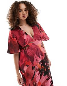 ASOS DESIGN Curve Exclusive satin flutter sleeve midi dress in pink large floral print | ASOS Formal Dresses Graduation, Cocktail Dress Formal, Large Floral Print, Winter Party Dress, Asos Curve, Print Trends, Long Sleeve Floral Dress, Sleeve Midi Dress, Satin Slip Dress