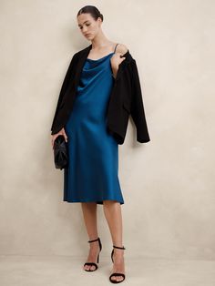 Cowl neck. Adjustable spaghetti straps. Flounce hem. Made exclusively for Banana Republic Factory. #534533 Navy Slip Dress Outfit, Slip Dress Outfit Ideas, Satin Slip Dress Outfit, Evergreen Dress, Slip Dress Outfit, Classic White Shirt, Fall 24, Midi Slip Dress, Essential Dress