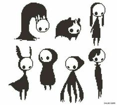 pixel art with different types of people and animals on them, all in black and white