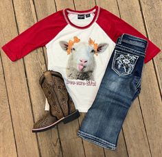 Shirt: https://www.paintedcowgirlwesternstore.com/collections/girls-long-sleeve-shirts/products/copy-of-cinch-girls-yellow-3-4-sleeve-whatever-floats-your-goat-raglan-tee-ctk3530022 Jeans: https://www.paintedcowgirlwesternstore.com/collections/girls-pants/products/copy-of-grace-in-la-girls-mid-rise-feather-aztec-design-bootcut-jean-gb-s436 Boots: paintedcowgirlwesternstore.com/collections/kids-youth/products/copy-of-dan-post-children-and-youth-adair-tan-red-square-toe-boots-dpc2927-dpc3927 Dan Post, Red Square, Bootcut Jean, Square Toe Boots, Toe Boots, Raglan Tee