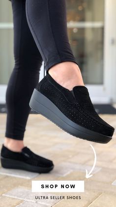 Free Shipping & Returns! #ultrasellershoes #ultraseller #theseller #thesellershoes Black Slip-on Platform Sneakers With Thick Sole, Comfortable Black Platform Sneakers, Comfortable Black Platform Sneakers With Round Toe, Comfortable Black Platform Sneakers With Textured Sole, Black Cushioned Platform Sneakers, Black Platform Sneakers With Perforated Toe Box, Pant Suits For Women, Women Platform Shoes, Flats Online