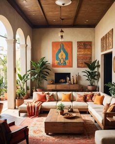 a living room filled with lots of furniture and plants on top of the tables in front of them