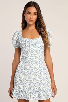 White Floral Puff Sleeve Dress - Lace-Up Mini Dress - LUSH Dress - Lulus Confirmation Dresses For Teens, Ditsy Floral Dress, Back Skirt, Floral Dresses Short, Lulu Fashion, Ditsy Floral Print, Retro Clothing, Floral Blue Dress, Fall Skirts