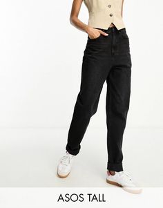 ASOS DESIGN Tall relaxed mom jeans in black | ASOS Trendy Black Tapered Leg Jeans, Trendy High-rise Tapered Bottoms, Trendy Mom Fit Jeans With Tapered Leg, Trendy Mom Fit Tapered Leg Jeans, Trendy Mom Fit Pants, High Waist Mom Jeans For Work, Trendy Mom Fit Tapered Leg Bottoms, Trouser Co Ord, Black Dress Prom