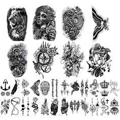 an assortment of temporary tattoos on white paper with black and white ink, including designs