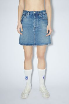 Acne Studios mid blue denim mini skirt is cut to a relaxed a-line silhouette with a high rise and mid-thigh length. FN-WN-SKIR000318 Acne Denim, Blue Denim Mini Skirt, Blue Mini Skirt, Mode Jeans, Denim Details, Denim Mini, Childrens Shoes, Denim Mini Skirt, Cotton Style