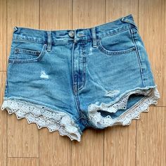 Gorgeous Shorts In Perfect Condition Super Soft Size 25 Rare Shorts ~ Price Is Firm! High Waist Cotton Bottoms With Lace Trim, High-waist Cotton Bottoms With Lace Trim, Casual High Waist Bottoms With Lace Trim, Casual Blue Bottoms With Lace Trim, Summer Denim Bottoms With Lace Trim, Denim Bottoms With Lace Trim For Summer, Fitted Denim Bottoms With Lace Trim, Casual Lace Trim Short Bottoms, Lace Denim Shorts