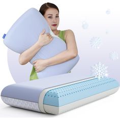 a woman is holding an inflatable pillow