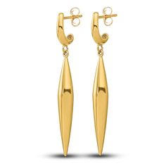 Striking spear dangles are adorned with a high-polish finish in these glamorous women's dangle earrings. Fashioned in 14K yellow gold, the earrings secure in place with friction backs. Formal Long Drop Earrings With Polished Finish, Modern Polished Diamond Drop Earrings, Polished Finish Diamond Drop Earrings For Formal Occasions, Formal Polished Diamond Drop Earrings, Formal Dangle Earrings With Shiny Finish, Yellow Gold Long Drop Diamond Earrings For Formal Occasions, Formal Polished Finish Diamond Drop Earrings, Formal Yellow Gold Long Drop Diamond Earrings, Formal Long Drop Yellow Gold Linear Earrings