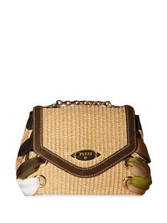 beige/cedar brown silk/leather/cotton blend interwoven design gold-tone logo plaque chain-link shoulder strap foldover top with magnetic fastening main compartment Shoulder Strap Bag, Vanity Case, Bags Logo, Brown Silk, Cross Bag, Woven Design, Emilio Pucci, Black Cross Body Bag, Blue Bags