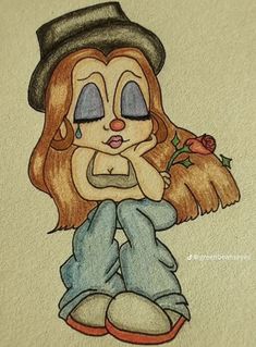 a drawing of a girl with long red hair wearing a hat and holding a rose