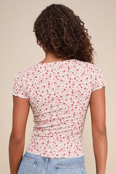 Drawstring Detail, Ruched Bodice, Top Floral, Floral Short, Fitted Silhouette, Short Sleeve Top, Lettuce, Print Tops, Short Sleeves Tops