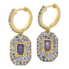 Rarities Tanzanite Gold-Plated Drop Earrings Elegance is yours with these gorgeous gold-plated earrings. Featuring magnificent baguette-cut center stones surrounded by pavé, these earrings showcase tanzanite at its finest. The hugger backs ensure a comfortable and secure fit, making them perfect for any occasion.       Approx. 1-3/16"L x 1/2"W     Stamped .925 sterling silver; gold plating     Pierced with hugger backs   Stone Information       All sizes and weights approximate     Tanzanite - B Gold Elegant Hoop Earrings With Gemstone Accents, Gold Baguette Cut Earrings With Diamond Accents, Elegant Gold Hoop Earrings With Gemstone Accents, Gold Drop Earrings With Baguette Diamonds, Gold Baguette Diamond Drop Earrings, Yellow Gold Gemstone Baguette Cut Earrings, Gold Rectangular Earrings With Baguette Diamonds, Gold Earrings With Gemstone Accents In Cubic Zirconia, Gold Baguette Cut Cubic Zirconia Earrings