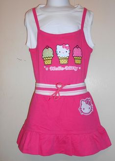 Hello Kitty by Sanrio Girls Spring Summer Skirt + Graphic Top Fushia 6 NWT Up for consideration is HELLO KITTY BY SANRIO SKIRT & GRAPHIC TOP IN SIZE 6 COLOR: FUSHIA SKIRT - STRIPED ELASTIC WAISTBAND WITH A BOW HELLO KITTY ON LEFT HIP RUFFLED HEMLINE ATTACHED SHORTS 100% COTTON MACHINE WASH AND DRY MEASUREMENTS: WAIST 22 10" - LENGTH 10 1/4" NEW WITH TAGS   TOP - MADE TO LOOK LAYERED SLEEVELESS WHITE MINI TOP SHOULDER STRAPS THREE (3) ICE CREAM CONES, ONE (1) WITH HELLO KITTY ON FRONT TWO (2) HEA Cute Sleeveless School Sets, Cute Fitted School Set, Tourist Hairstyles, Hearts Hello Kitty, Hello Kitty Bed, Hello Kitty Shoes, Hello Kitty Clothes, Ice Cream Cones, Graphic Top