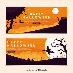 two halloween banners with pumpkins and bats in the sky, on top of a hill