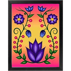 a painting of purple flowers and leaves on a yellow, pink, and orange background