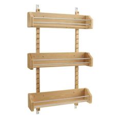 three tiered wooden shelf with hooks on each side