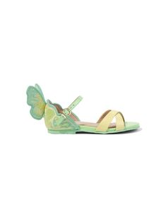 green leather butterfly motif branded footbed buckle-strap fastening crossover strap at the toe open toe flat rubber sole Summer Green Slingback Sandals With Buckle, Green Buckle Slingback Sandals For Summer, Green Buckle Closure Slingback Sandals For Summer, Green Closed Toe Sandals With Buckle Closure, Green Flat Slingback Sandals For Summer, Green Flat Slingback Sandals For Spring, Green Ankle Strap Sandals With Removable Insole, Green Open Toe Sandals For Spring, Green Leather Slingback Sandals With Ankle Strap