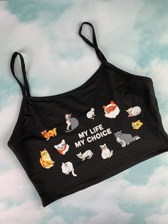 “my life my choice” cat crop top-true to size, polyester blend Fitted Crop Top With Funny Print, Fitted Black Top With Cat Design, Cat Crop Top, Fem Fits, Aesthetic Crop Top, My Life My Choice, Crop Tops Shirts, Crop Top Aesthetic, Top Aesthetic