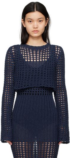 Crocheted cotton-blend sweater. · Scoop neck · Cropped hem · Low back Supplier color: Navy Navy Crochet Top, Fast Crochet Ideas, Summer Crochet Sweater, Crochet Circle Jacket, Crochet Sweater Ideas, Crotchet Crop Top, Easy Crochet Sweater, Crochet Sets, Floral Crochet Dress