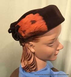 "This is a cute vintage pillbox style hat, that dates from the 1950s or early 60s. Label reads, \"Genuine Velour\". Made of dark brown velour with orange feather on each side, accented by small velour bows. Measures 21\" inside, but is really just a one size hat, as it was made to perch on your head. The hat is in good vintage condition. No wear or soil. Sweet!" Large Brim Hat, Pajama Pattern, Types Of Hats, Early 60s, Pillbox Hat, Most Beautiful Dresses, Vintage Hats, Pleated Bodice, Pill Boxes