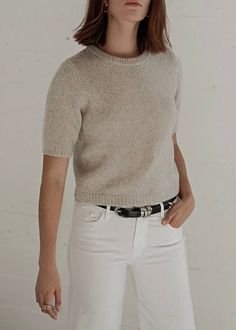 Dressed up style with a casual feel. The BRENDA Pullover Sweater is carefully crafted using a unique blend of supple cashmere and smooth silk for an unmatched feel against the skin. This piece features a flattering rounded neckline with short sleeves and subtle ribbed detailing for a contemporary elegance that you can wear anywhere. Fit: Regular fitted. True to size. Mode is 5'9" wearing size S. Materials + Care: 25% silk 75% cashmere, sourced from the birthplace of cashmere, Pamir Mountains. Ha Beige Short Sleeve Sweater With Relaxed Fit, Beige Relaxed Fit Short Sleeve Sweater, Fitted Short Sleeve Cashmere Tops, Relaxed Fit Short Sleeve Sweater, Everyday Short Sleeve Fall Sweater, Short Sleeve Fine Knit Cashmere Top, Short Sleeve Cashmere Fine Knit Tops, Short Sleeve Sweater For Fall, Cashmere Fine Knit Short Sleeve Tops