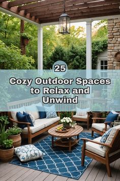 an outdoor space with wooden furniture and blue rugs