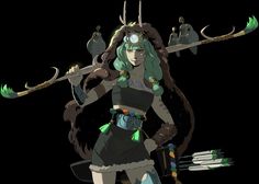 a woman with green hair holding an arrow and two birds perched on her back, in front of a black background