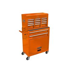 an orange tool cabinet with drawers on wheels