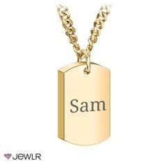 a gold dog tag necklace with the word sam on it's front and side