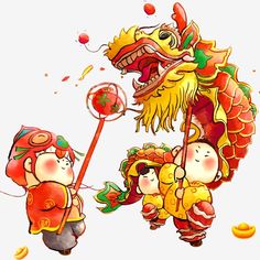 two cartoon characters are playing with a chinese dragon and other decorations on a white background