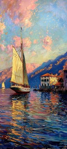 an oil painting of a sailboat in the water with buildings and mountains in the background