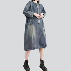 Make a statement with our aged midi denim dress from the 2023 Spring-Summer Collection. Featuring a unique smoothed finish. intricate painted prints. and a signature buttoned closure. this street-style dress is the perfect blend of ageless vibes and vogue-day flair!Why You'll Fall In Love Vintage Charm: Step back to the days of yore with this dress. an ode to the Y2K era and its legendary fashion sense. Sanded Finish: The smoothed finish adds depth and character to the dress. giving it a unique Blue Washed Dresses For Fall, Dark Wash Long Sleeve Washed Dress, Knee-length Washed Denim Blue Dress, Knee-length Dark Wash Denim Dress, Knee-length Washed Blue Denim Dress For Fall, Fall Midi-length Denim Dress With Buttons, Dark Wash Knee-length Denim Dress, Fall Knee-length Washed Blue Denim Dress, Casual Midi Length Dress