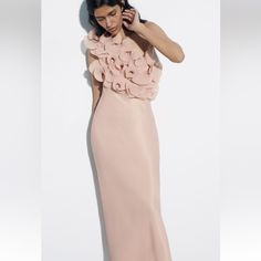 Dress With Asymmetric Neckline And Wide Strap. Tonal Pleated Ruffle Detail. Side Hidden In-Seam Zip Closure. Beige-Pink. Size S. New With Tag. Beige-Pink | 1971/021 Outer Shell Main Fabric 100% Viscose Secondary Fabric 100% Polyester @Zaraforadolla Note: Super Rare Piece. Show Stopper. Spring Dress With Asymmetrical Neckline And Ruffles, Spring Dress With Ruffles And Asymmetrical Neckline, Feminine Fitted One-shoulder Maxi Dress, Feminine One-shoulder Evening Dress, One-shoulder Ruffle Dress For Wedding Guest, Dressy Pink Ruffled Midi Dress, One Shoulder Ruffle Dress For Wedding Guest, Spring Evening Midi Dress With Asymmetrical Neckline, Blush Maxi Dress For Party