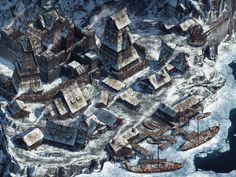 an aerial view of a village in the mountains with snow and ice around it,