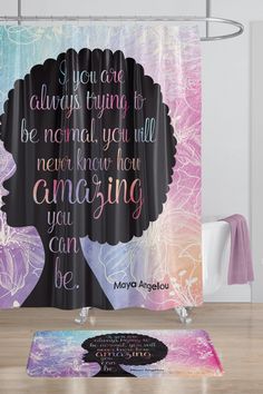 a shower curtain with an image of a woman's face and words on it